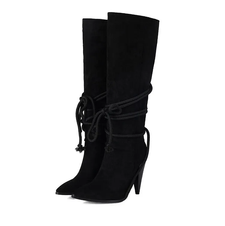 Women's Cross Straps Spike Heel Knee High Boots