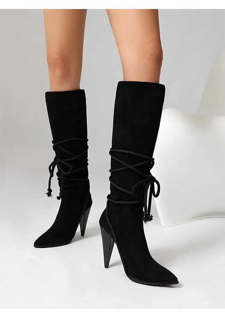 Women's Cross Straps Spike Heel Knee High Boots