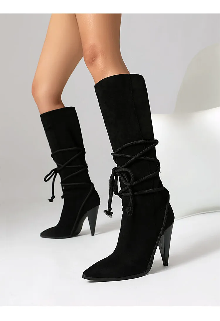 Women's Cross Straps Spike Heel Knee High Boots