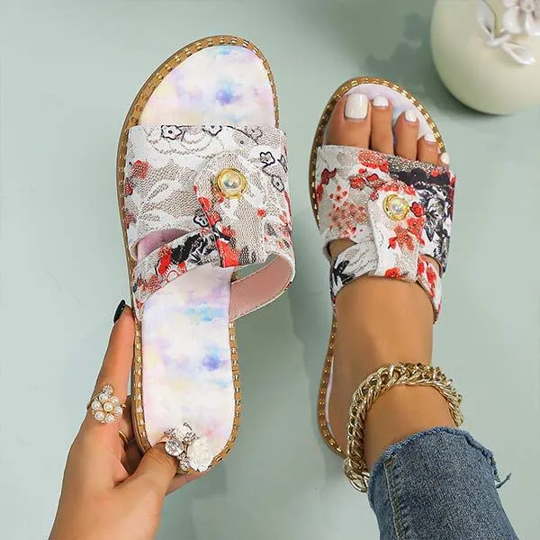 Women's Flat Printed Colorful Pearl Slippers 98670429C