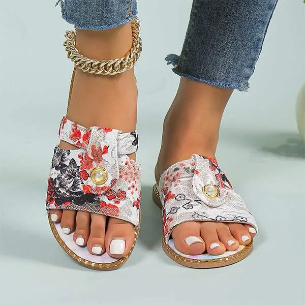 Women's Flat Printed Colorful Pearl Slippers 98670429C