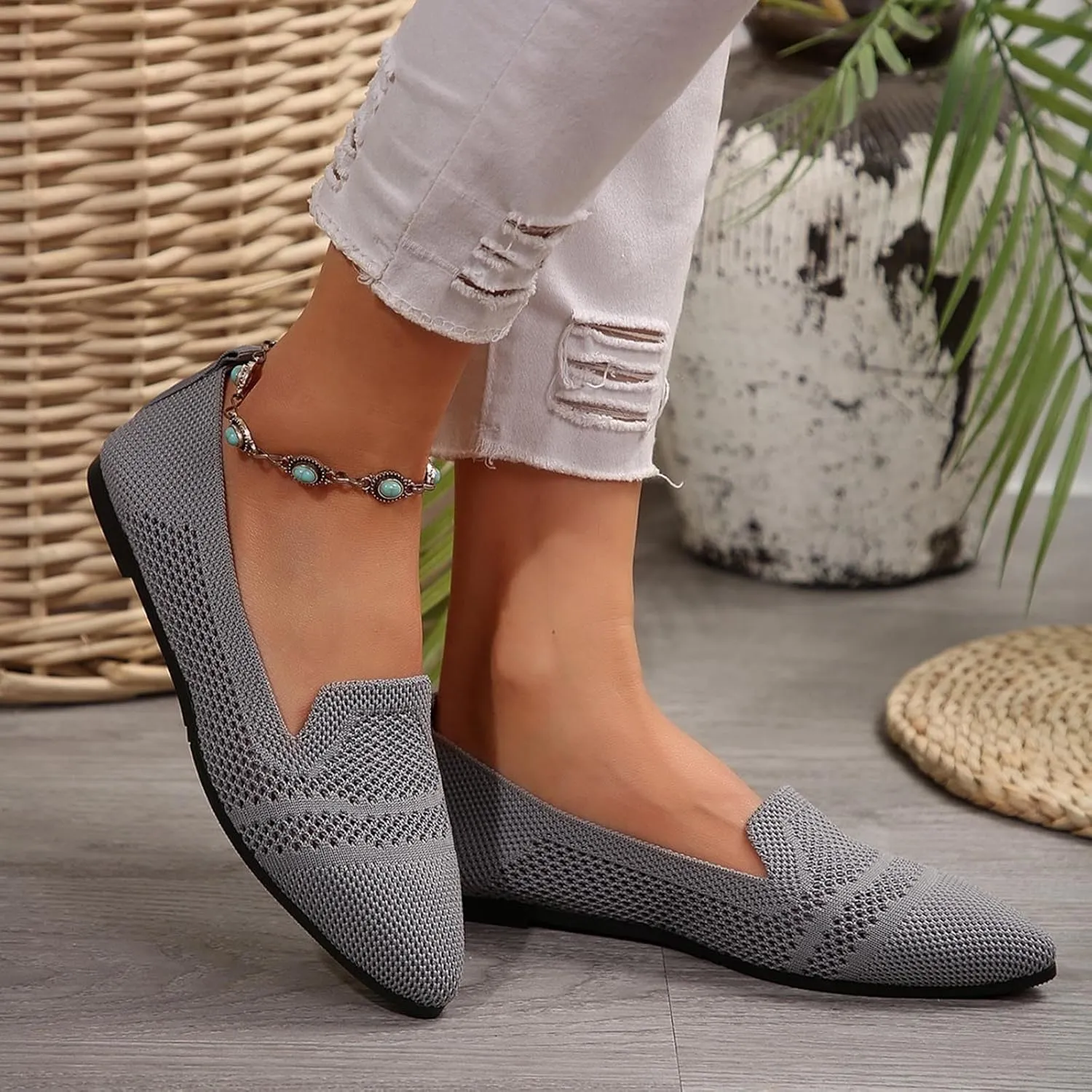 Women's Fly Weave Flat Shoes Pointed Toe Fashion Single Shoes Mesh Breathable Shoes Casual Shopping Flat Shoes