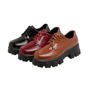 Women's Glossy Round Toe Lace Up Platform Block Heel Shoes