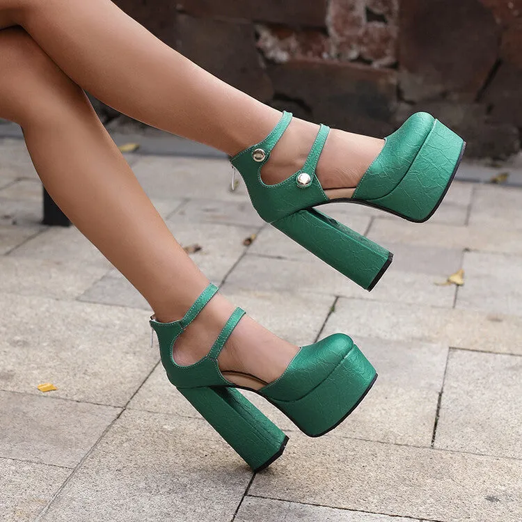 Women's Glossy Round Toe Square Heel Ankle Strap Platform Pumps