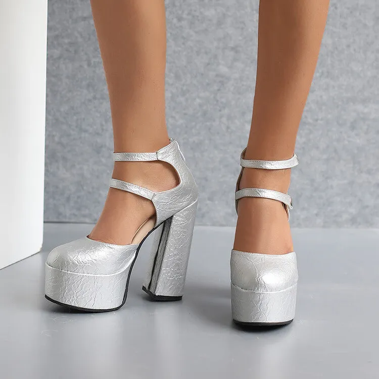 Women's Glossy Round Toe Square Heel Ankle Strap Platform Pumps