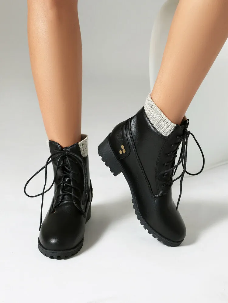 Women's Lace-Up Round Toe Low Heel Ankle Boots