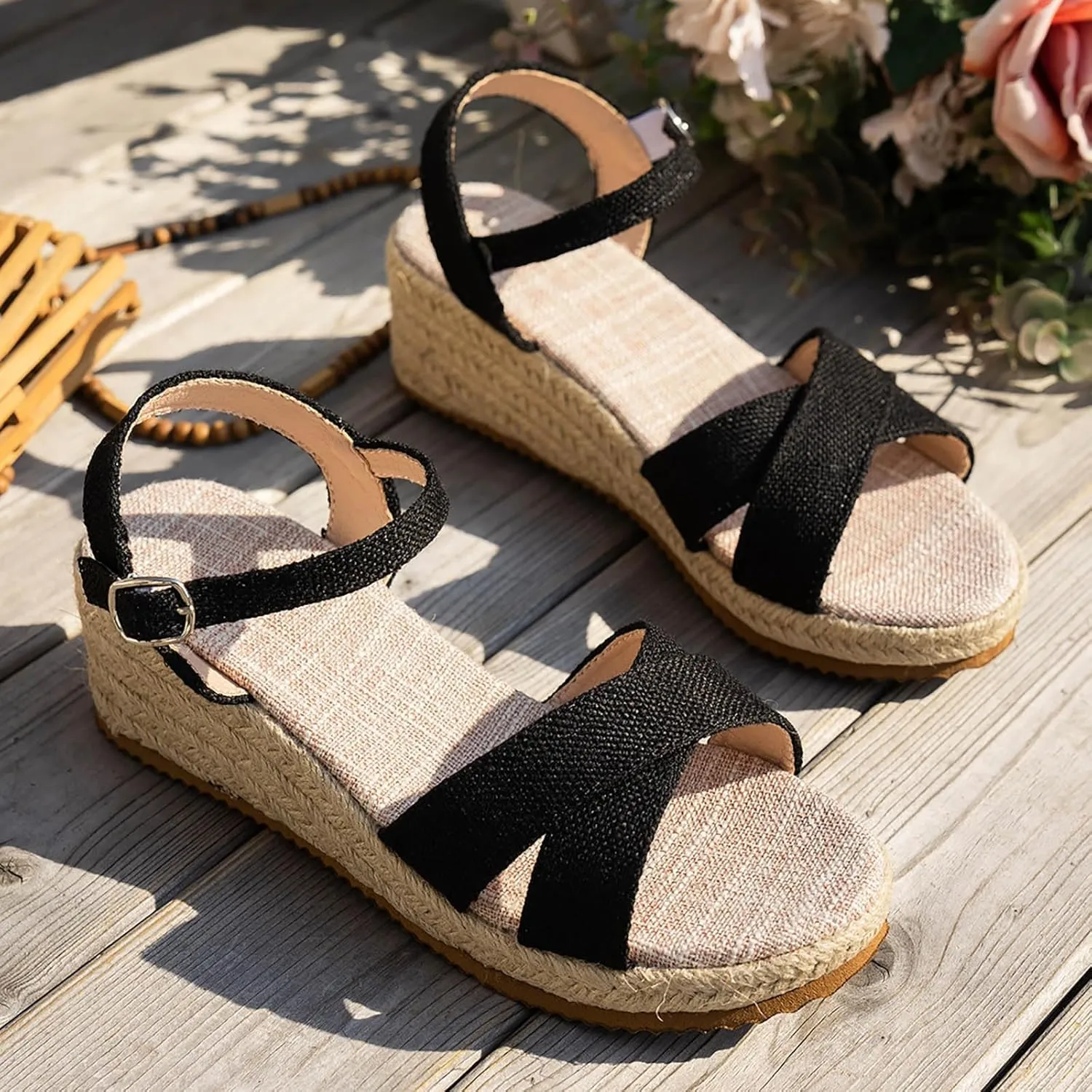 Women's Open Toe Platform Wedge Sandals Platform Wedge Sandals Lightweight Summer Strap Casual Rope Sole Bohemian