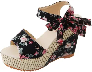 Women's Platform Sandals Wedge Open Toe Ankle Strap Lace Wedding Bridesmaid Shoes Bohemia Comfortable Low Heel Rhinestone