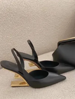 Women's Pointed Toe Slingback Pumps, Black Leather with Gold Geometric Heel, Designer Fashion Shoes