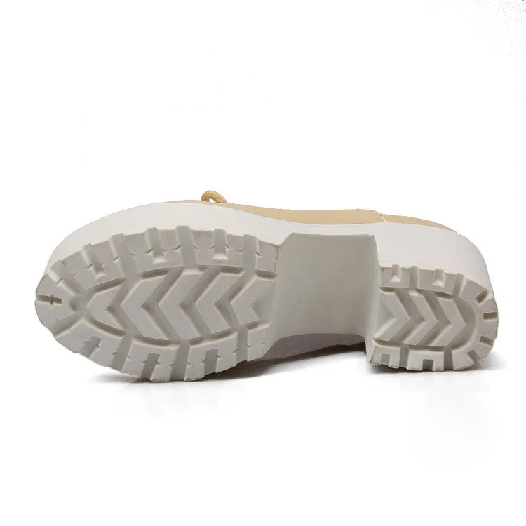 Women's Pu Leather Round Toe Lace Up Platform Block Chunky Heel