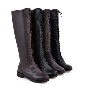Women's Pu Leather Round Toe Low Heel Lace Up Knee High Boots