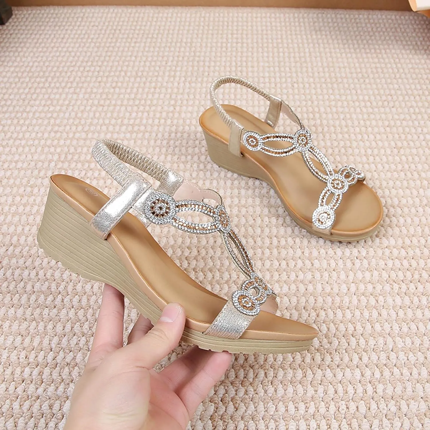Womens Sandals 2025 Bohemian Low Wedge Sandal Comfortable Open Toe Sandals Casual Dressy Open Toe Elastic Ankle Strap Shoes Fashion Elegant Rhinestone Platform Shoes 2025