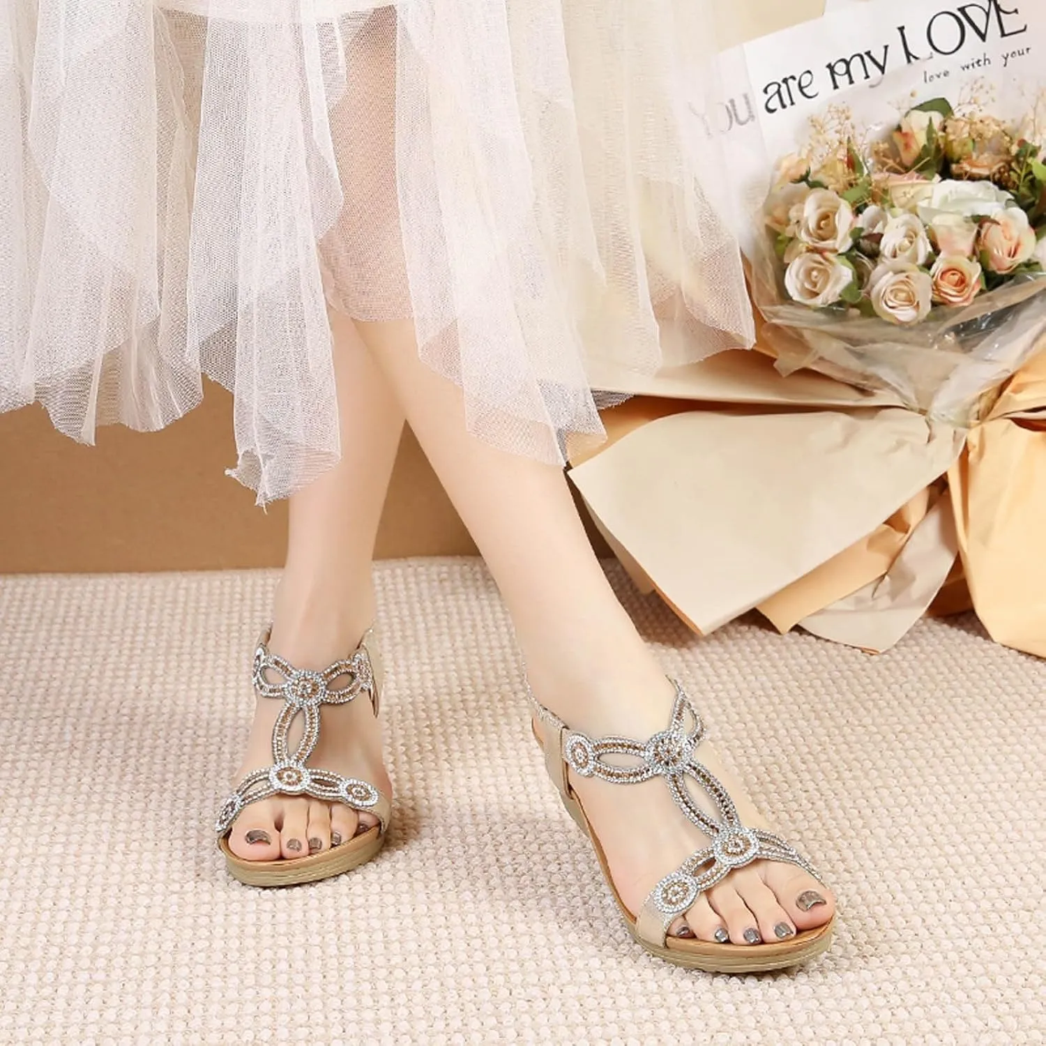 Womens Sandals 2025 Bohemian Low Wedge Sandal Comfortable Open Toe Sandals Casual Dressy Open Toe Elastic Ankle Strap Shoes Fashion Elegant Rhinestone Platform Shoes 2025