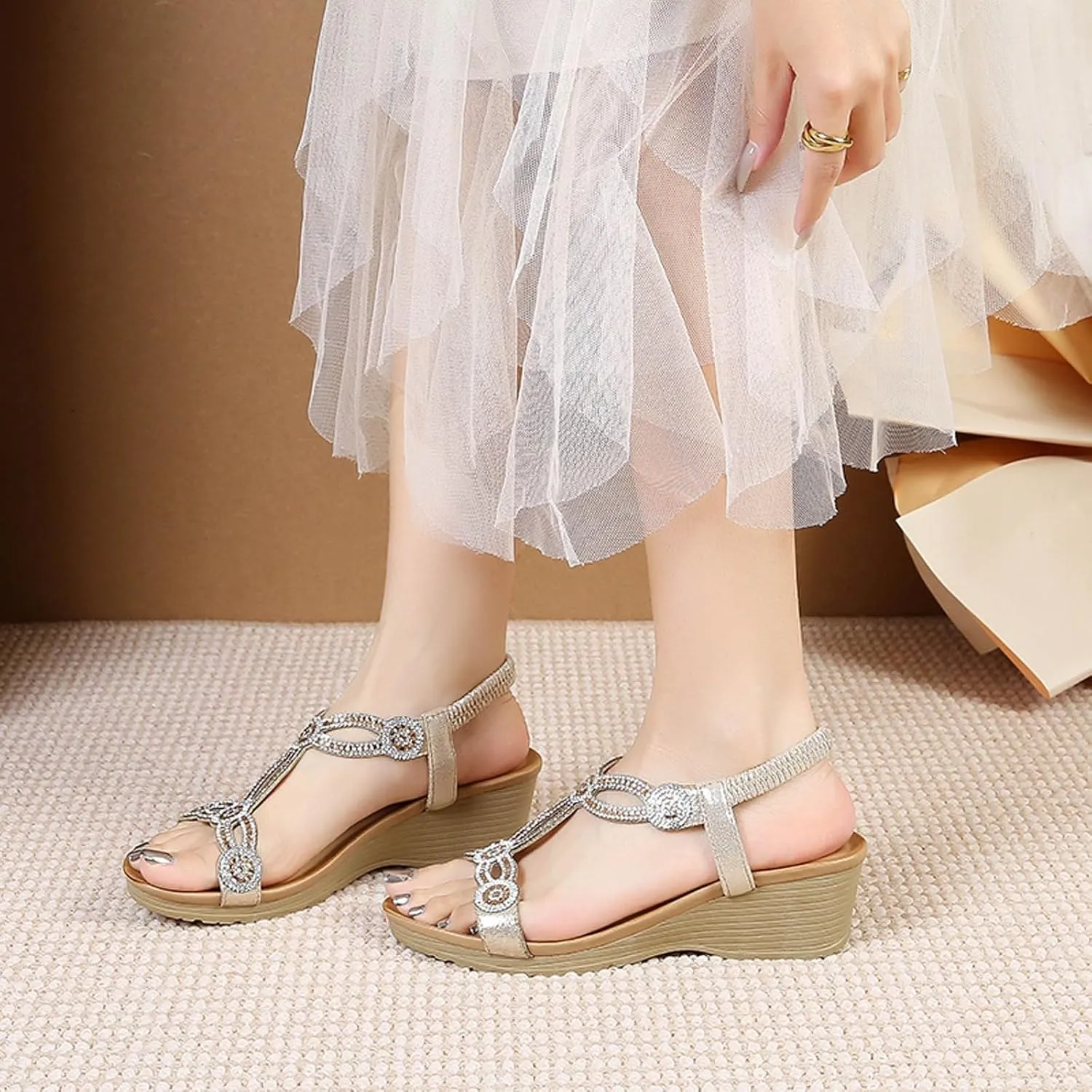 Womens Sandals 2025 Bohemian Low Wedge Sandal Comfortable Open Toe Sandals Casual Dressy Open Toe Elastic Ankle Strap Shoes Fashion Elegant Rhinestone Platform Shoes 2025