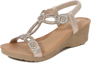 Womens Sandals 2025 Bohemian Low Wedge Sandal Comfortable Open Toe Sandals Casual Dressy Open Toe Elastic Ankle Strap Shoes Fashion Elegant Rhinestone Platform Shoes 2025