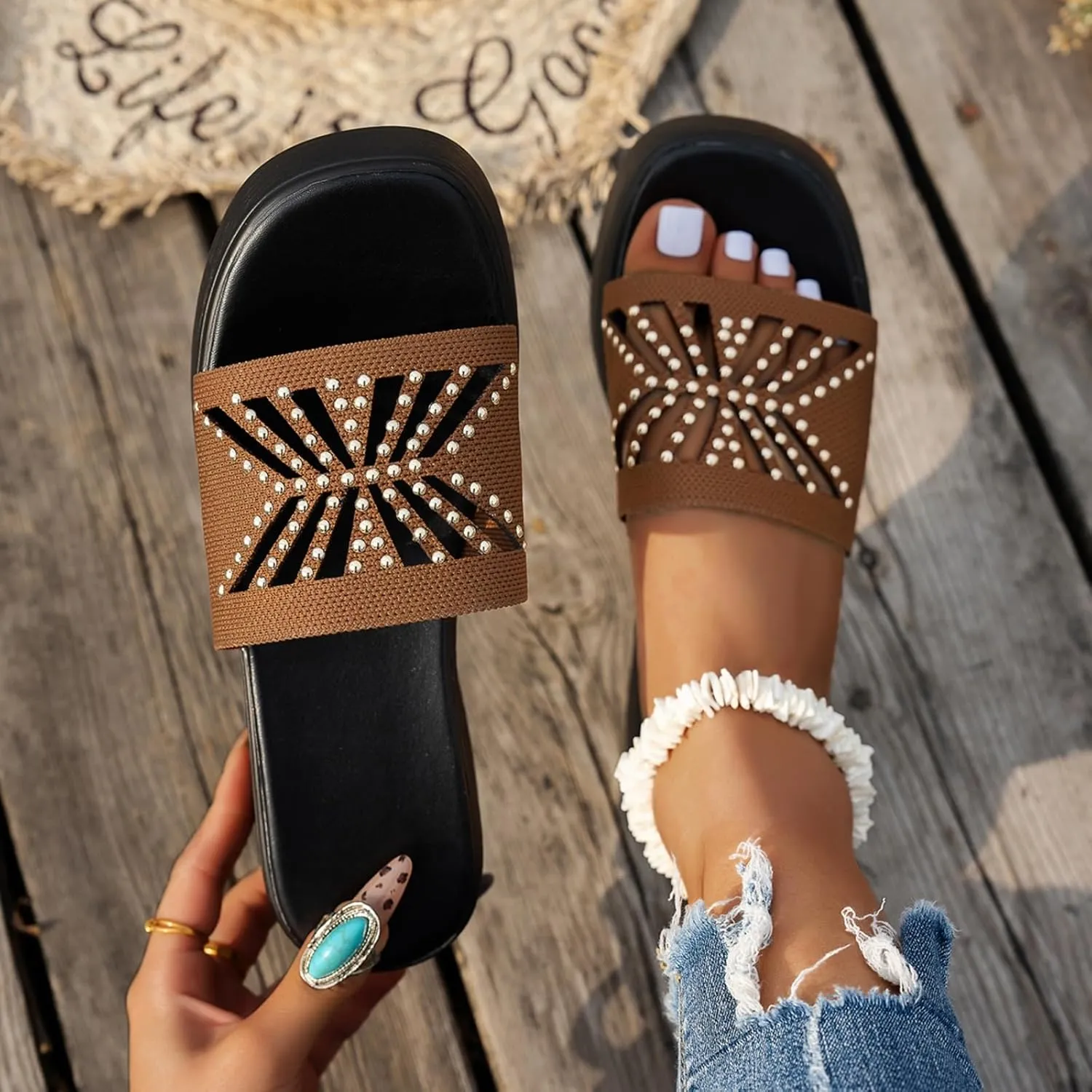Womens Sandals Platform Wedge Sandal Slip On Open Toe High Heel Sandals Summer Casual Dressy Shoes Fashion Sandal