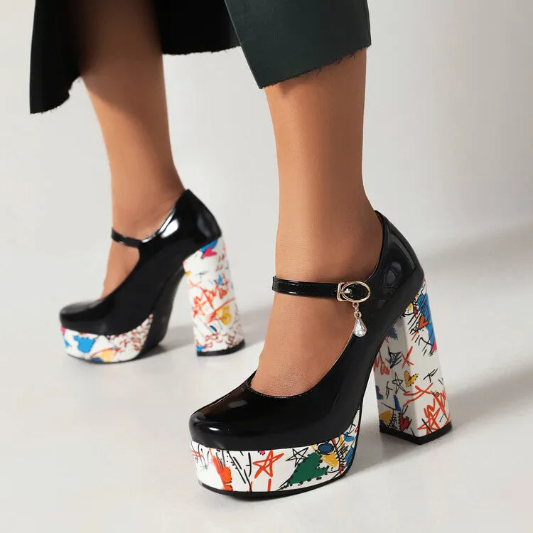 Women's Shallow Color Painting Mary Janes Block Heel Platform Pumps
