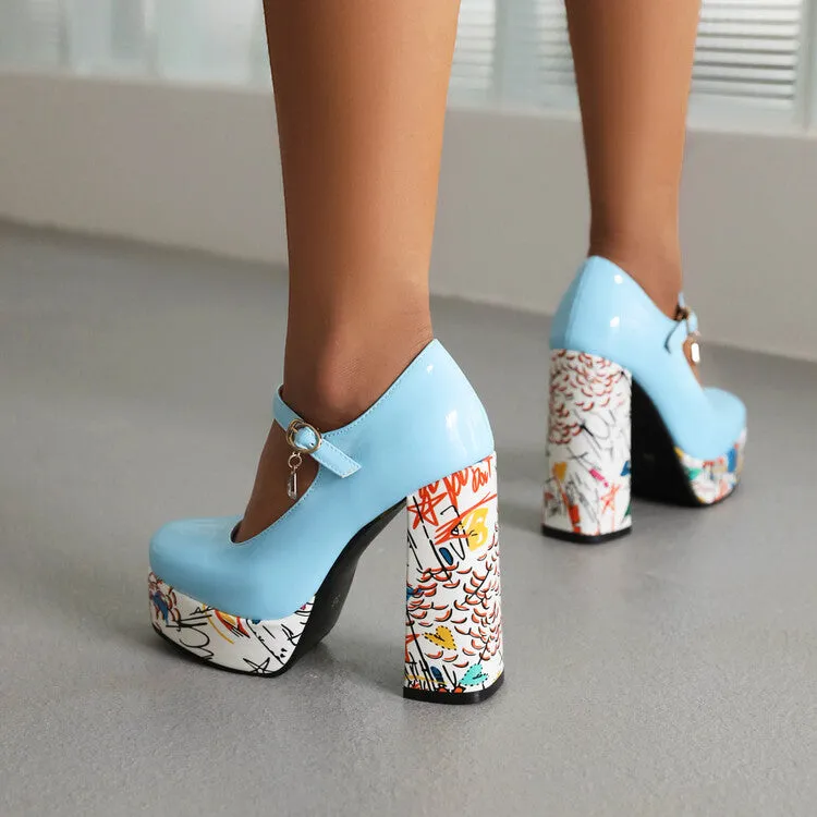 Women's Shallow Color Painting Mary Janes Block Heel Platform Pumps