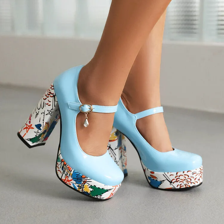 Women's Shallow Color Painting Mary Janes Block Heel Platform Pumps