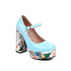 Women's Shallow Color Painting Mary Janes Block Heel Platform Pumps