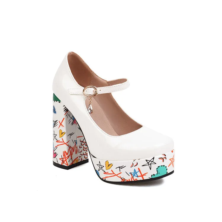 Women's Shallow Color Painting Mary Janes Block Heel Platform Pumps