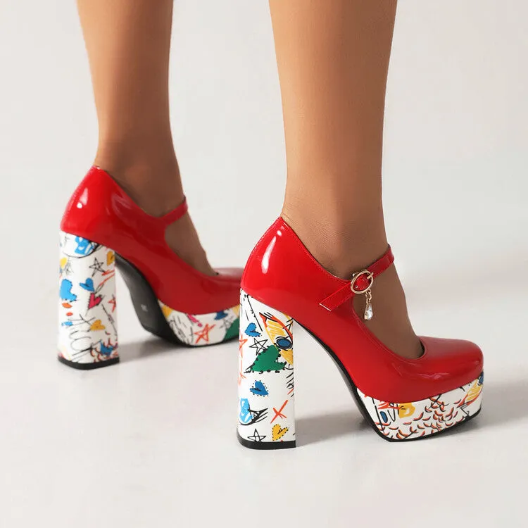 Women's Shallow Color Painting Mary Janes Block Heel Platform Pumps