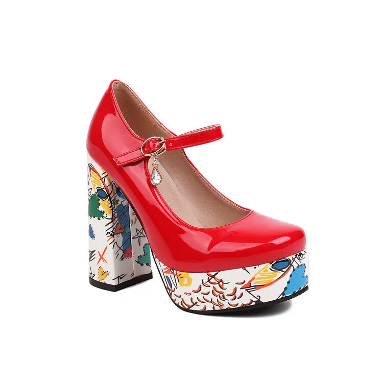 Women's Shallow Color Painting Mary Janes Block Heel Platform Pumps