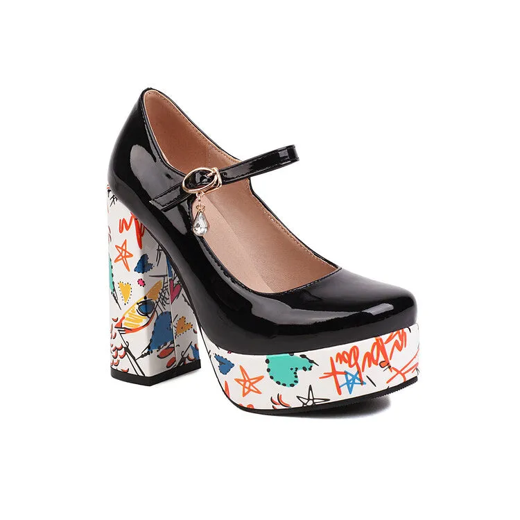 Women's Shallow Color Painting Mary Janes Block Heel Platform Pumps