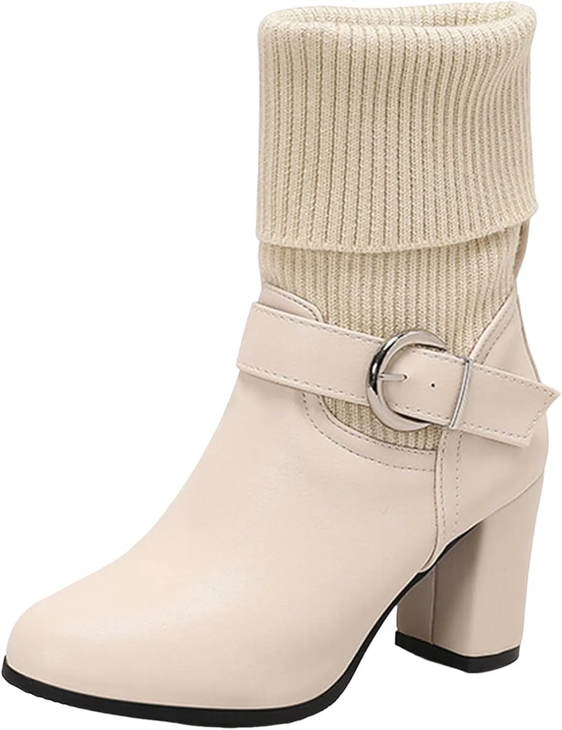 Women's Slip On Ankle Boots Chunky Block Heel Square Toe Splicing Dress Sock Booties Rain Boots Combat Side Zipper Chukka