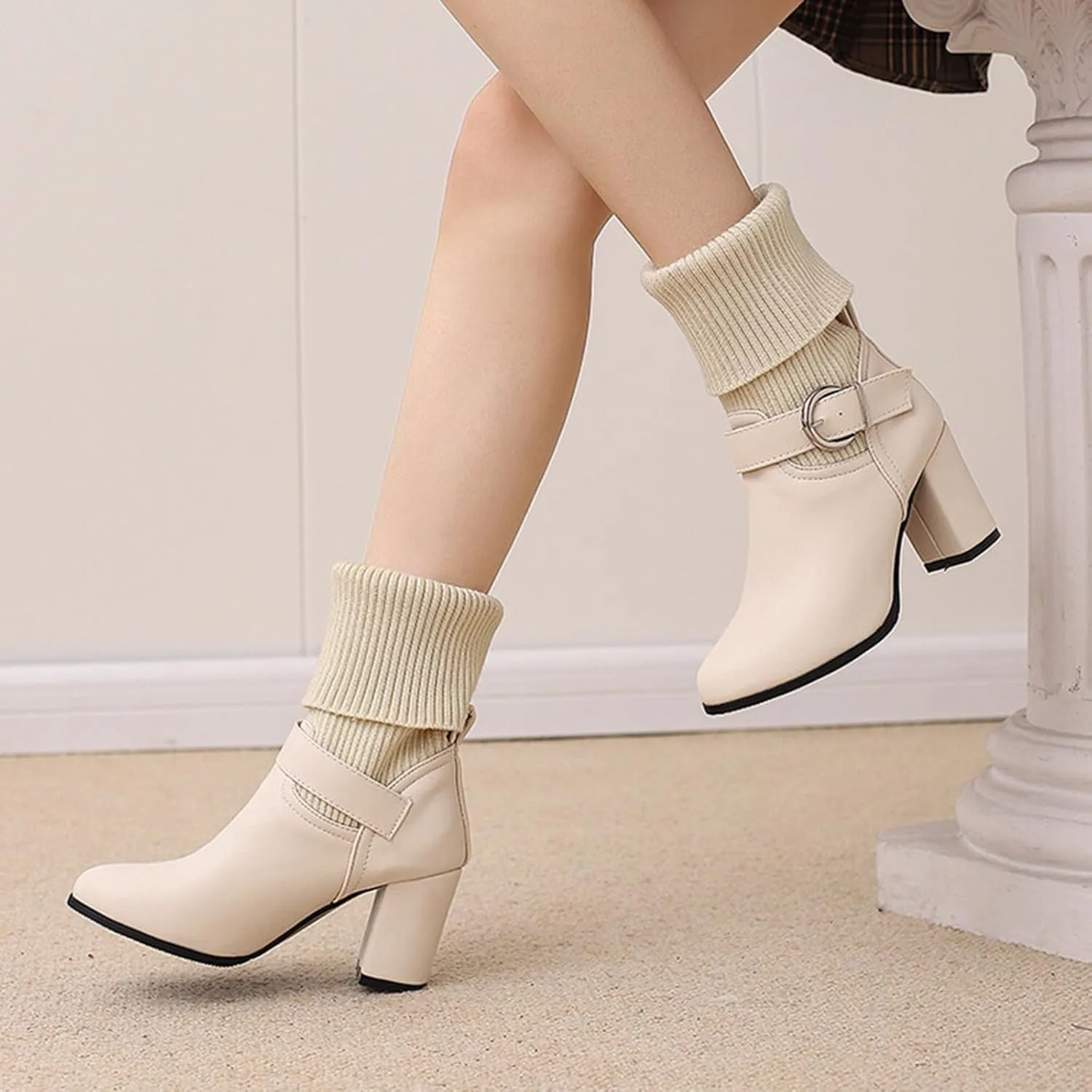 Women's Slip On Ankle Boots Chunky Block Heel Square Toe Splicing Dress Sock Booties Rain Boots Combat Side Zipper Chukka