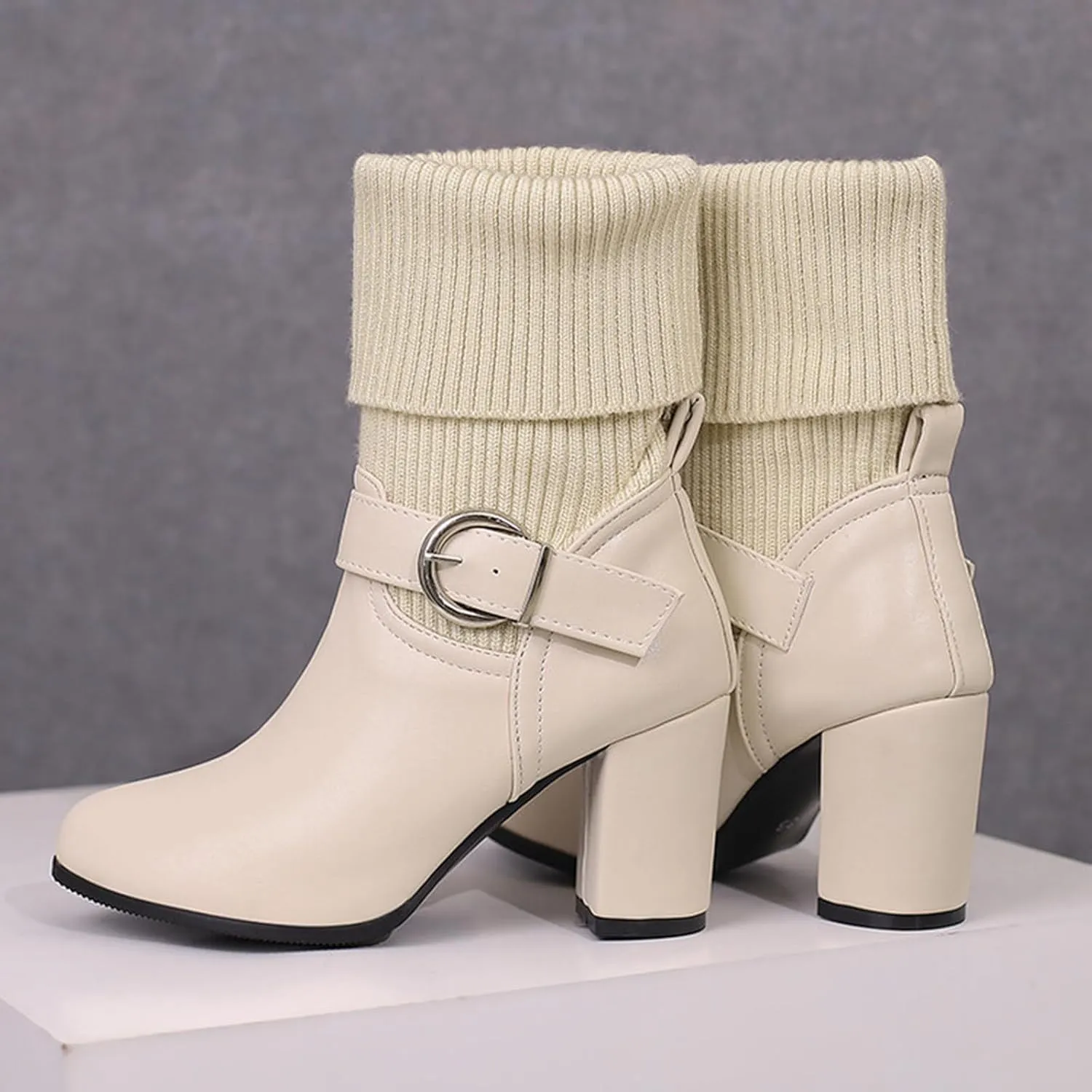 Women's Slip On Ankle Boots Chunky Block Heel Square Toe Splicing Dress Sock Booties Rain Boots Combat Side Zipper Chukka