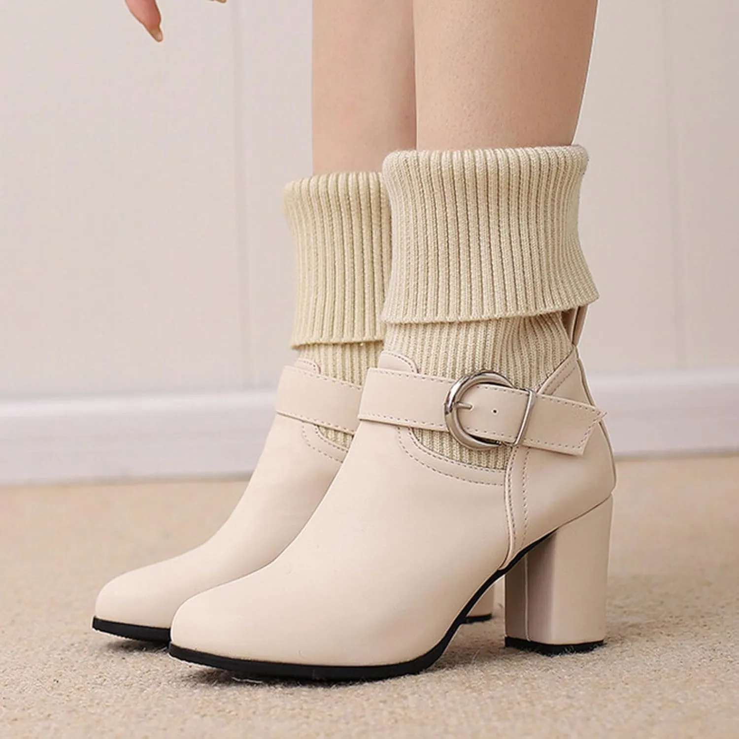 Women's Slip On Ankle Boots Chunky Block Heel Square Toe Splicing Dress Sock Booties Rain Boots Combat Side Zipper Chukka