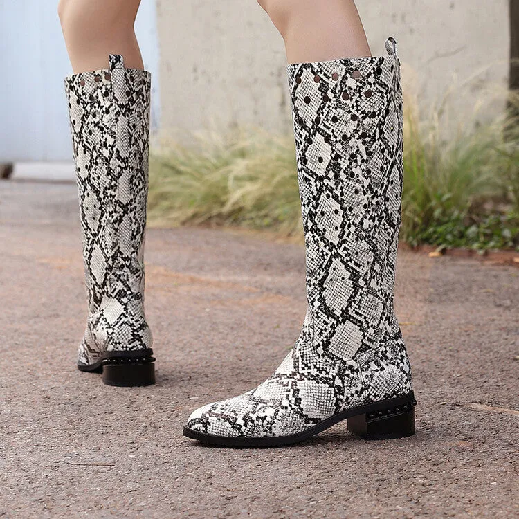 Women's Snake Pattern Holes Round Toe Square Heel Knee High Boots