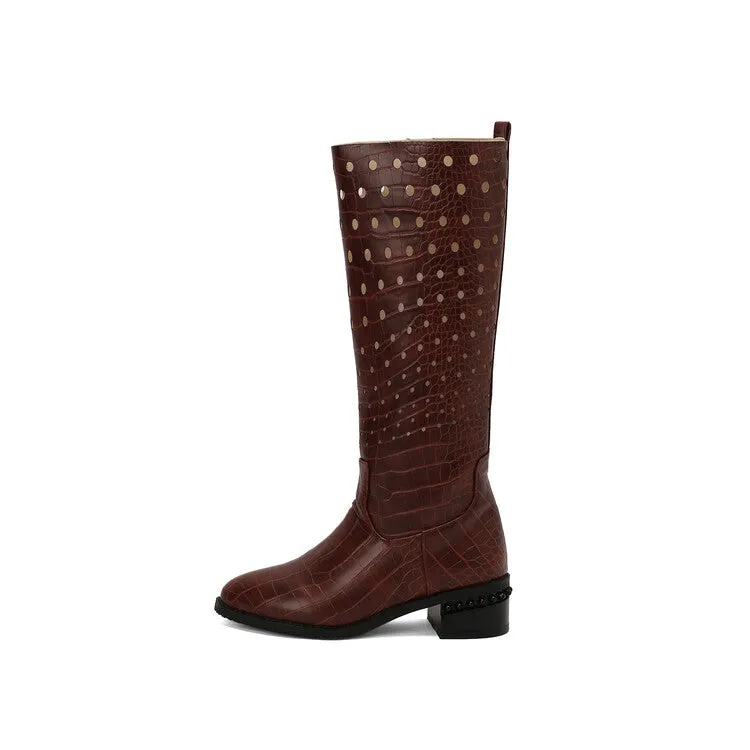 Women's Snake Pattern Holes Round Toe Square Heel Knee High Boots