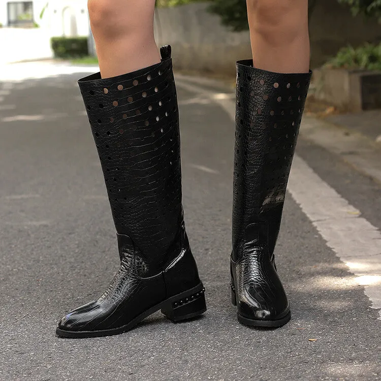 Women's Snake Pattern Holes Round Toe Square Heel Knee High Boots