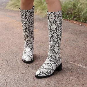 Women's Snake Pattern Holes Round Toe Square Heel Knee High Boots