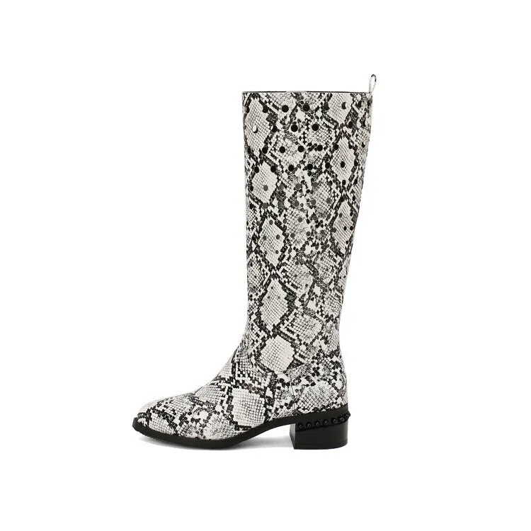 Women's Snake Pattern Holes Round Toe Square Heel Knee High Boots