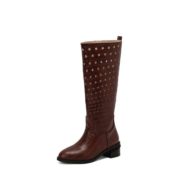Women's Snake Pattern Holes Round Toe Square Heel Knee High Boots