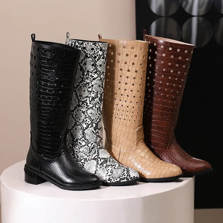 Women's Snake Pattern Holes Round Toe Square Heel Knee High Boots