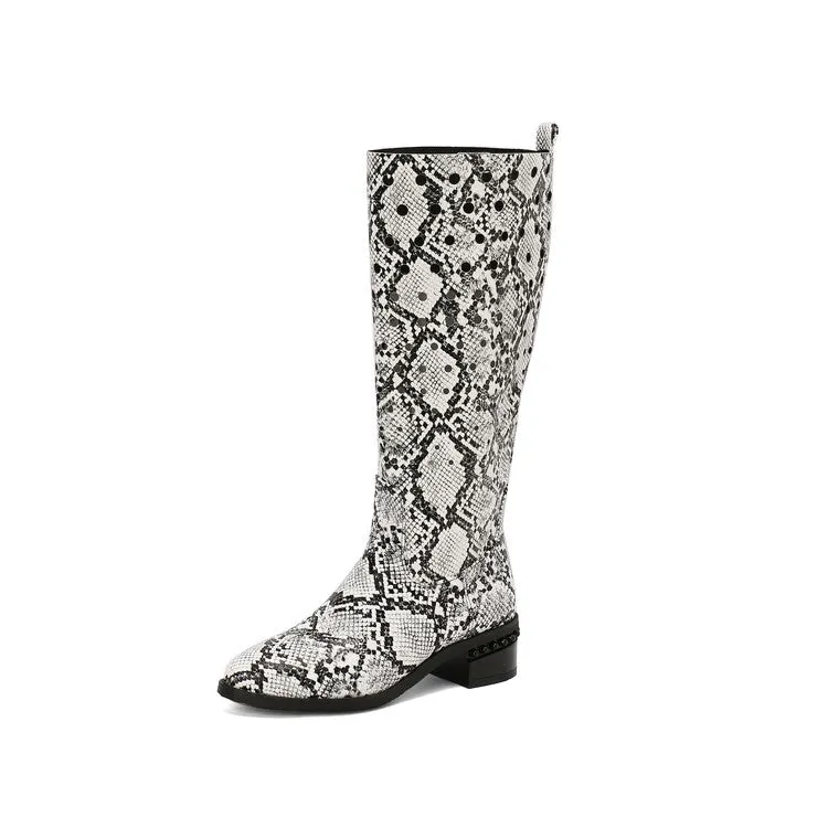 Women's Snake Pattern Holes Round Toe Square Heel Knee High Boots