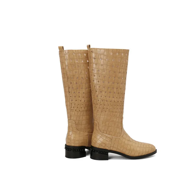 Women's Snake Pattern Holes Round Toe Square Heel Knee High Boots