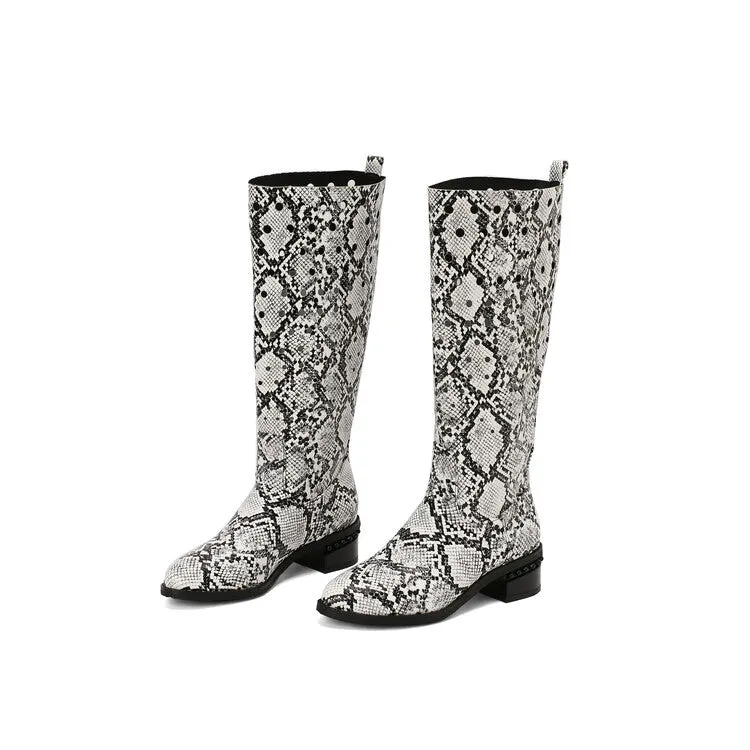 Women's Snake Pattern Holes Round Toe Square Heel Knee High Boots