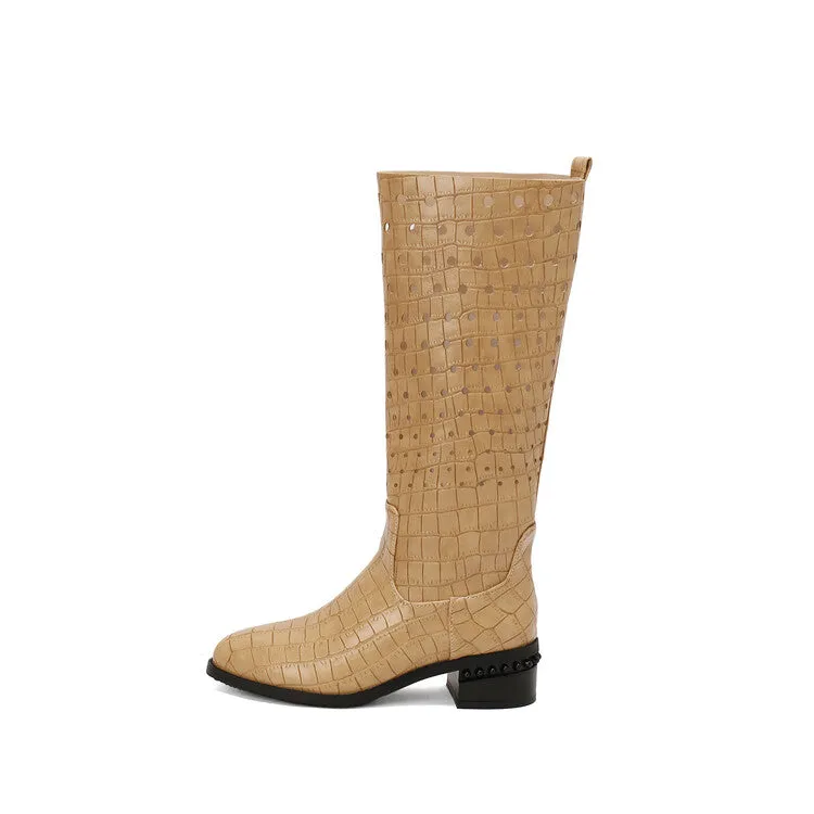 Women's Snake Pattern Holes Round Toe Square Heel Knee High Boots