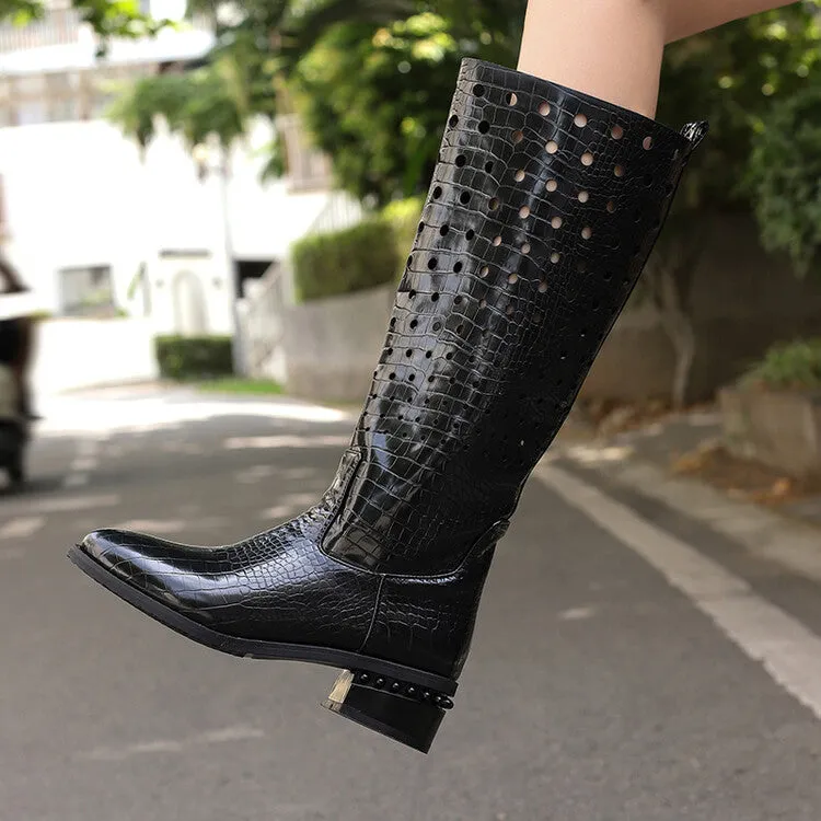 Women's Snake Pattern Holes Round Toe Square Heel Knee High Boots