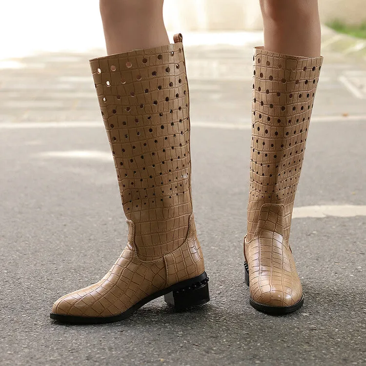 Women's Snake Pattern Holes Round Toe Square Heel Knee High Boots
