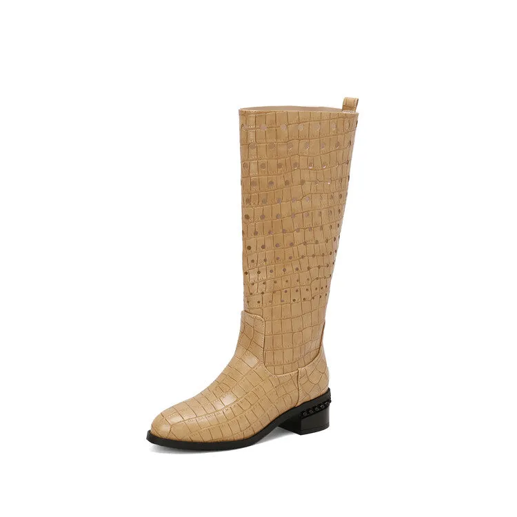 Women's Snake Pattern Holes Round Toe Square Heel Knee High Boots