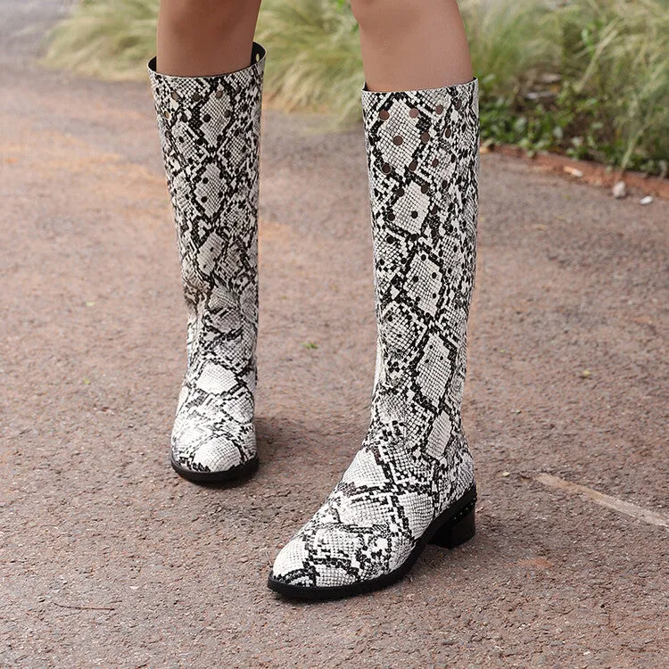 Women's Snake Pattern Holes Round Toe Square Heel Knee High Boots