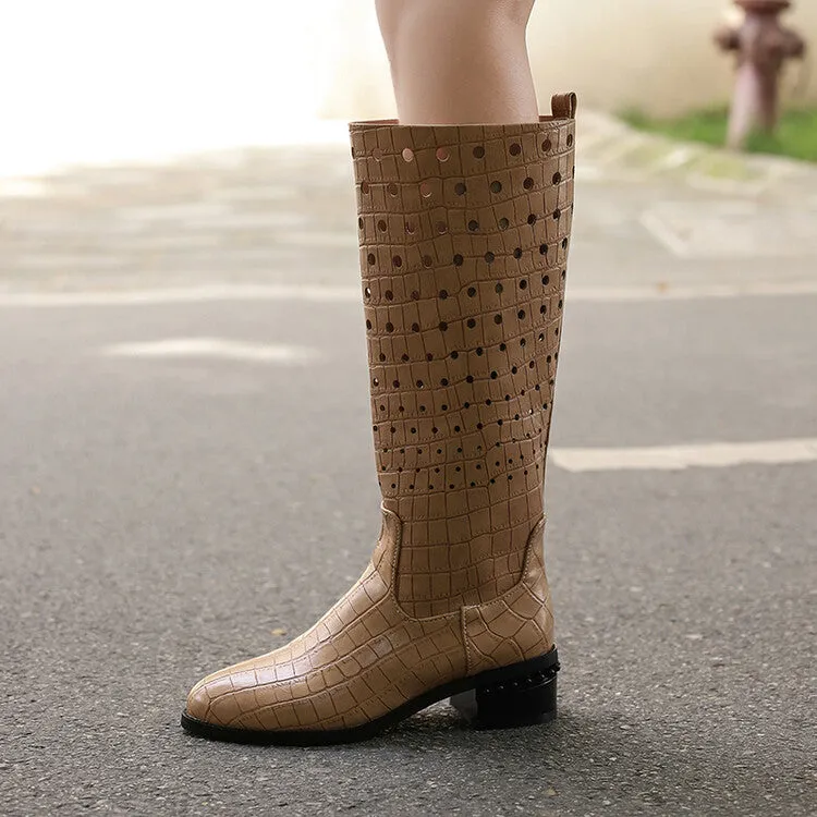 Women's Snake Pattern Holes Round Toe Square Heel Knee High Boots