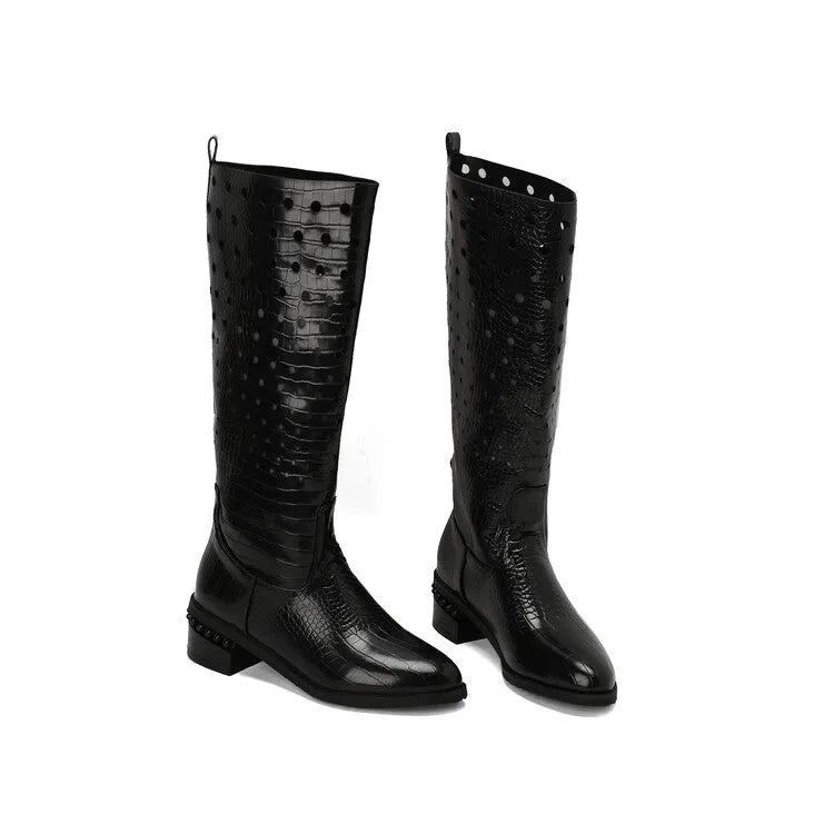 Women's Snake Pattern Holes Round Toe Square Heel Knee High Boots