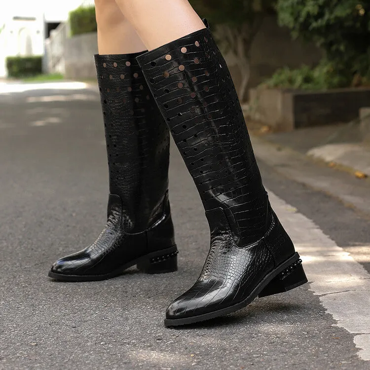 Women's Snake Pattern Holes Round Toe Square Heel Knee High Boots